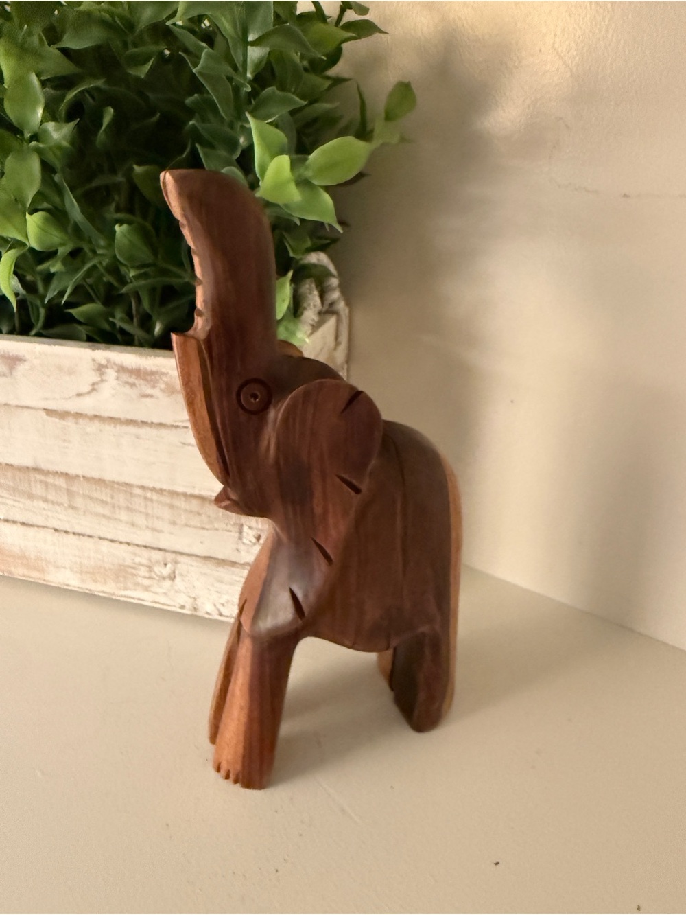 Vintage Hand Carved Solid Wood Elephant Figurine Raised Trunk Teak Style 7.5”